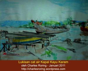Lukisan Cat Air Kapal Kayu yang telah karam di Teluk Dorey, Kota Manokwari di Papua Barat